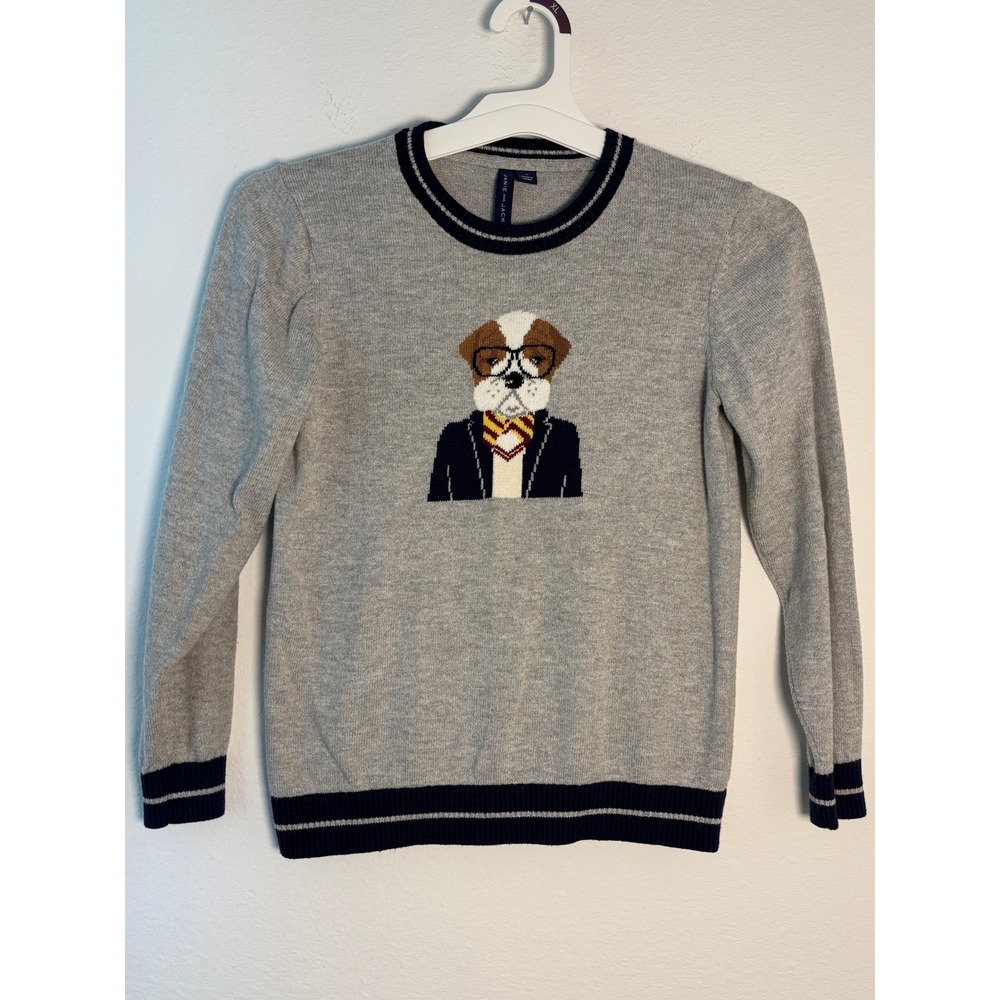 Janie and Jack Boys Gray Intarsia Bulldog Sweater Size 10 Preppy Knit Crewneck